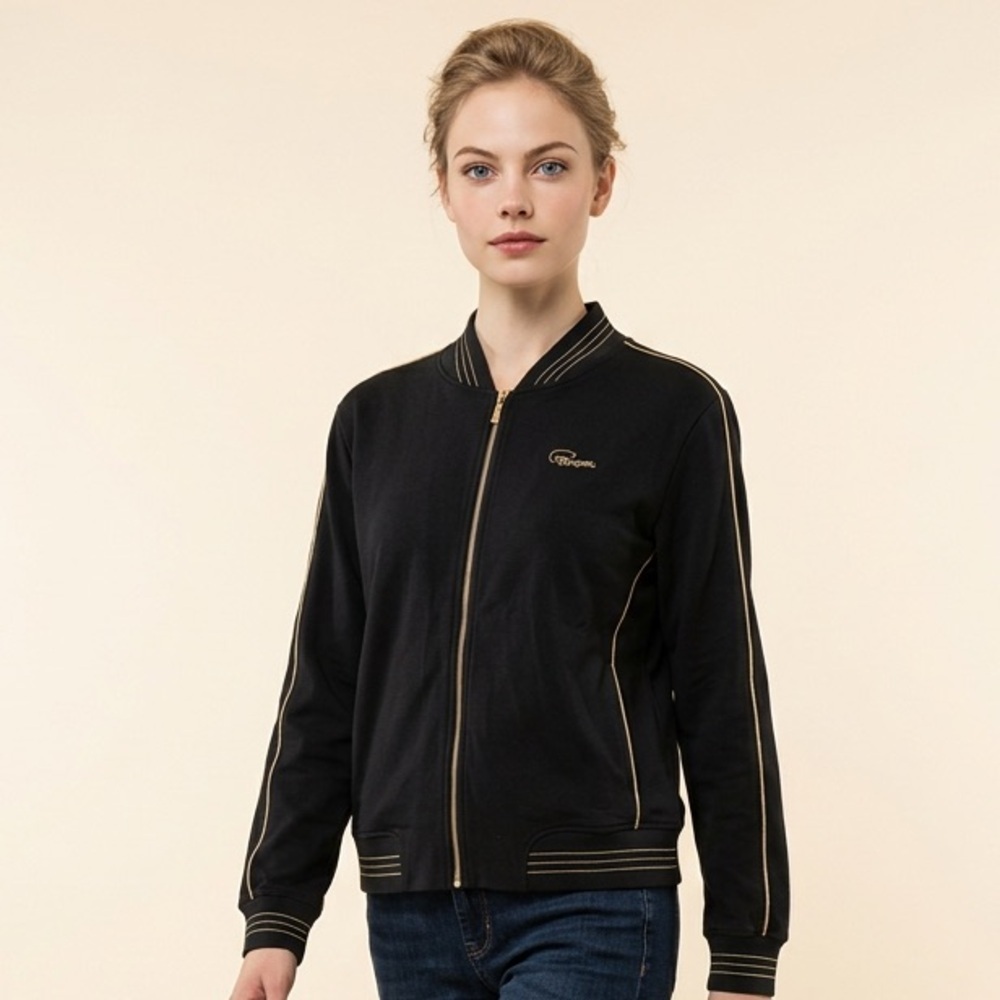 VINTAGE- Pappagallo Women’s Black Gold Trim Long Sleeve Zip Jacket - Petite XL